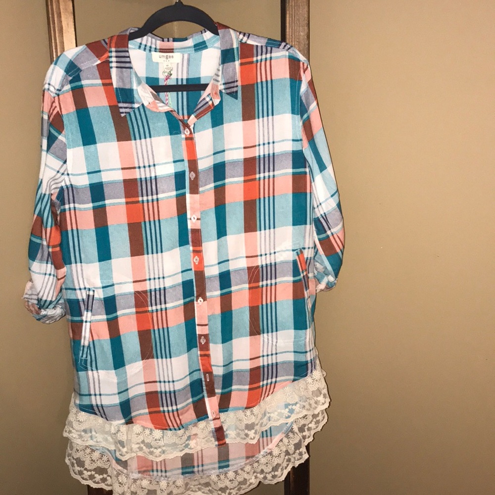 Umgee orange & blue plaid top - Picture 1 of 3